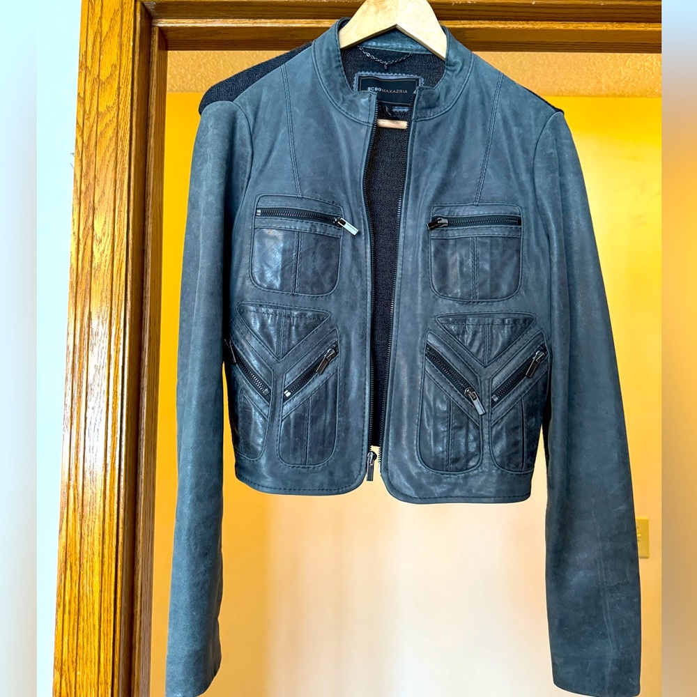 BCBG Maxazria: cropped leather sweater jacket: excellent condition